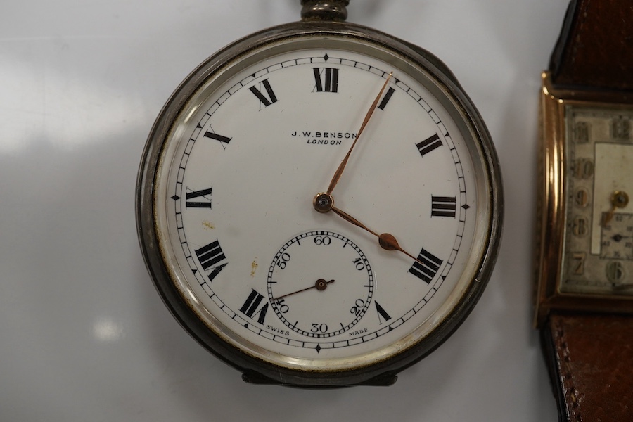 A gentleman's 1930's 9ct gold rectangular dial manual wind wrist watch, with Arabic dial and subsidiary seconds, case diameter 22mm, together with a George V silver J.W. Benson open faced pocket watch. Condition - poor t